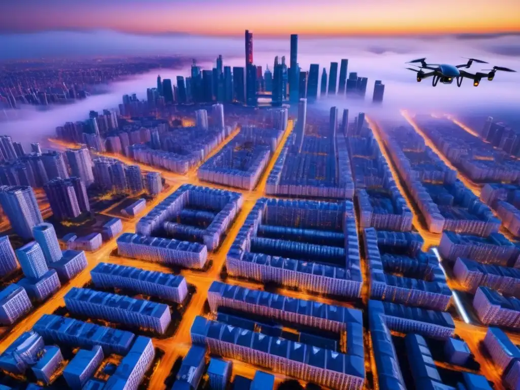 Cityscape futurista: IA, rascacielos y atardecer Futurista ciudad con rascacielos, drones AI y paisaje urbano, reflejando la Integración de IA en tasaciones