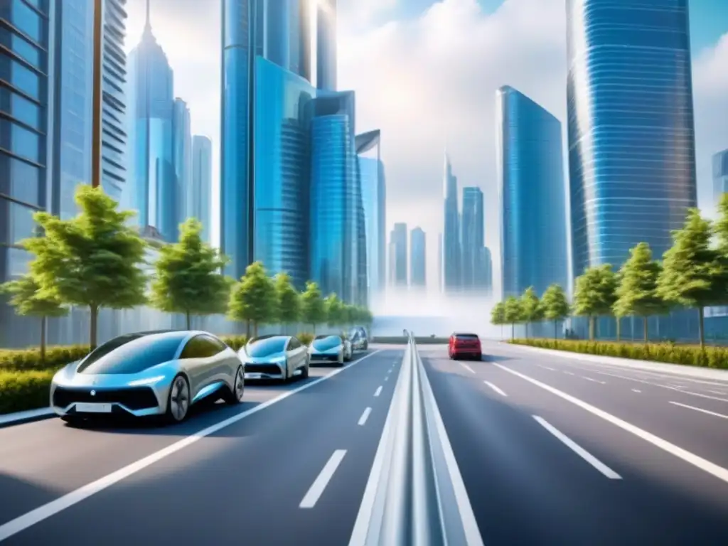 Metrópolis futurista: arquitectura sostenible y tecnología urbana avanzada Futurista ciudad con rascacielos, espacios verdes y tecnología integrada, ilustrando regulaciones urbanísticas seguridad bienes raíces