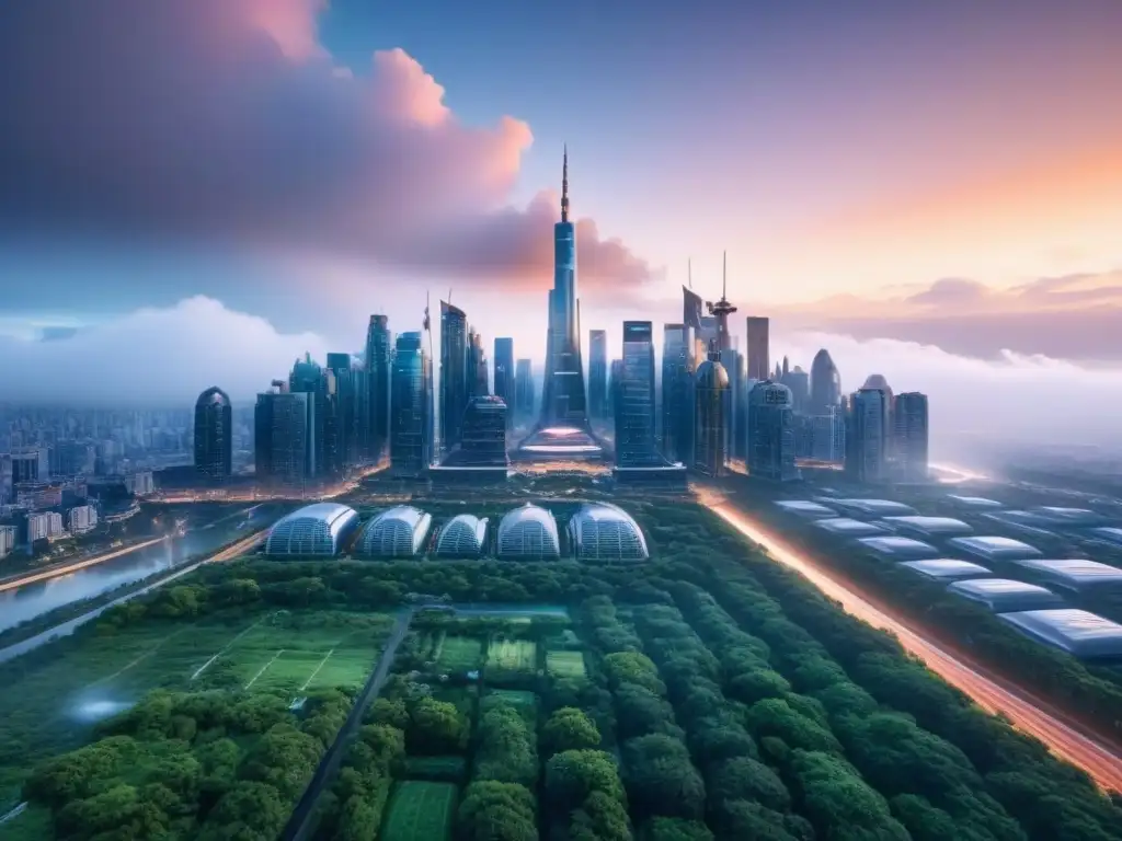 Visión futurista de desarrollo urbano en 8k Visión futurista de la ciudad: rascacielos, espacios verdes y transporte rápido