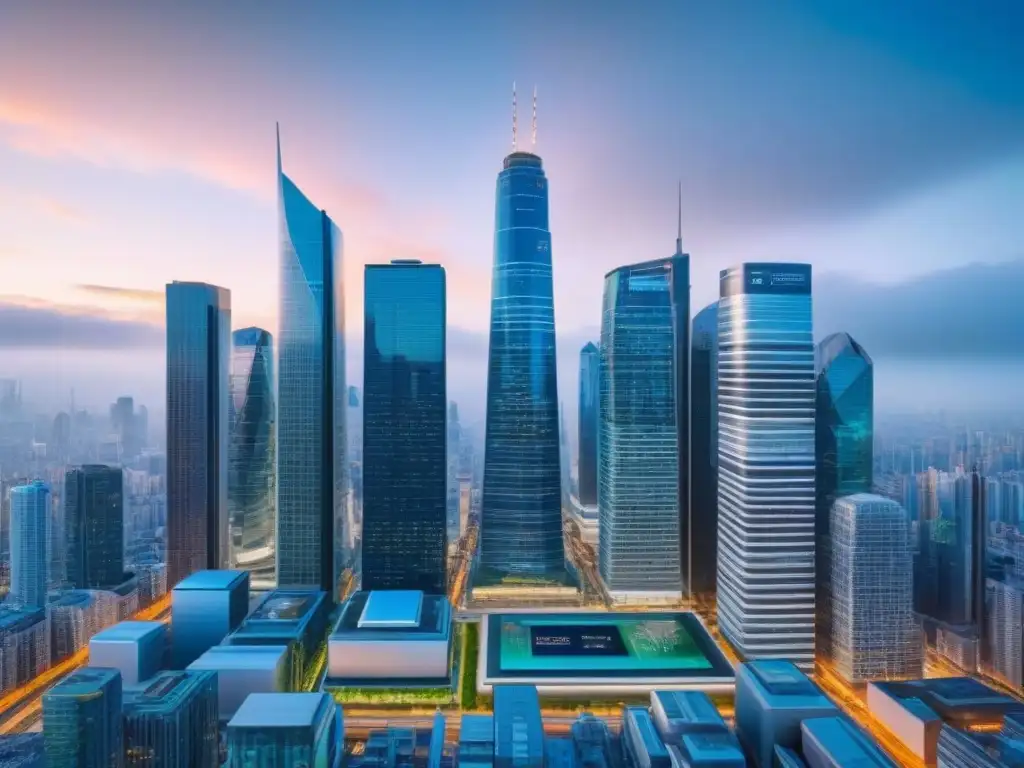 Metrópolis Futurista: Integración Fintech y Proptech Futurista ciudad con rascacielos fintech y proptech, drones y tecnología