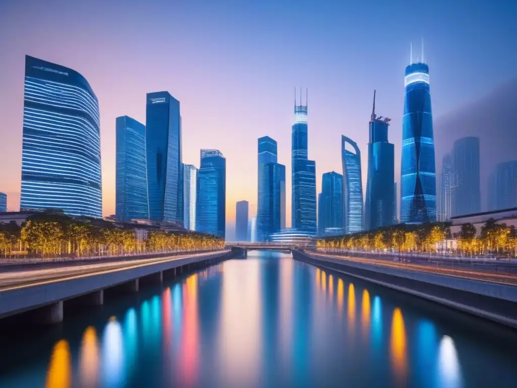 Metrópolis futurista: luces LED y datos financieros en atardecer urbano Futurista ciudad en crepúsculo con rascacielos iluminados por luces LED, tecnología financiamiento inmobiliario desigualdad