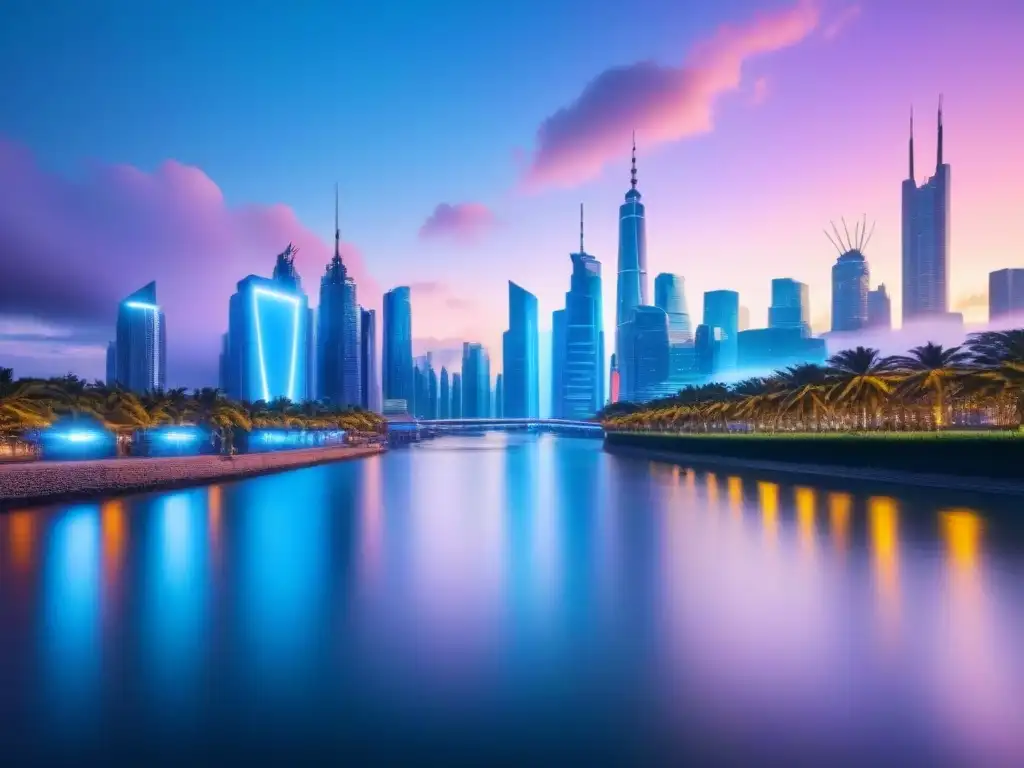 Skyline futurista con blockchain en la ciudad Futurista ciudad con rascacielos iluminados por luces neón sobre río tranquilo, símbolos de transacciones digitales en el aire