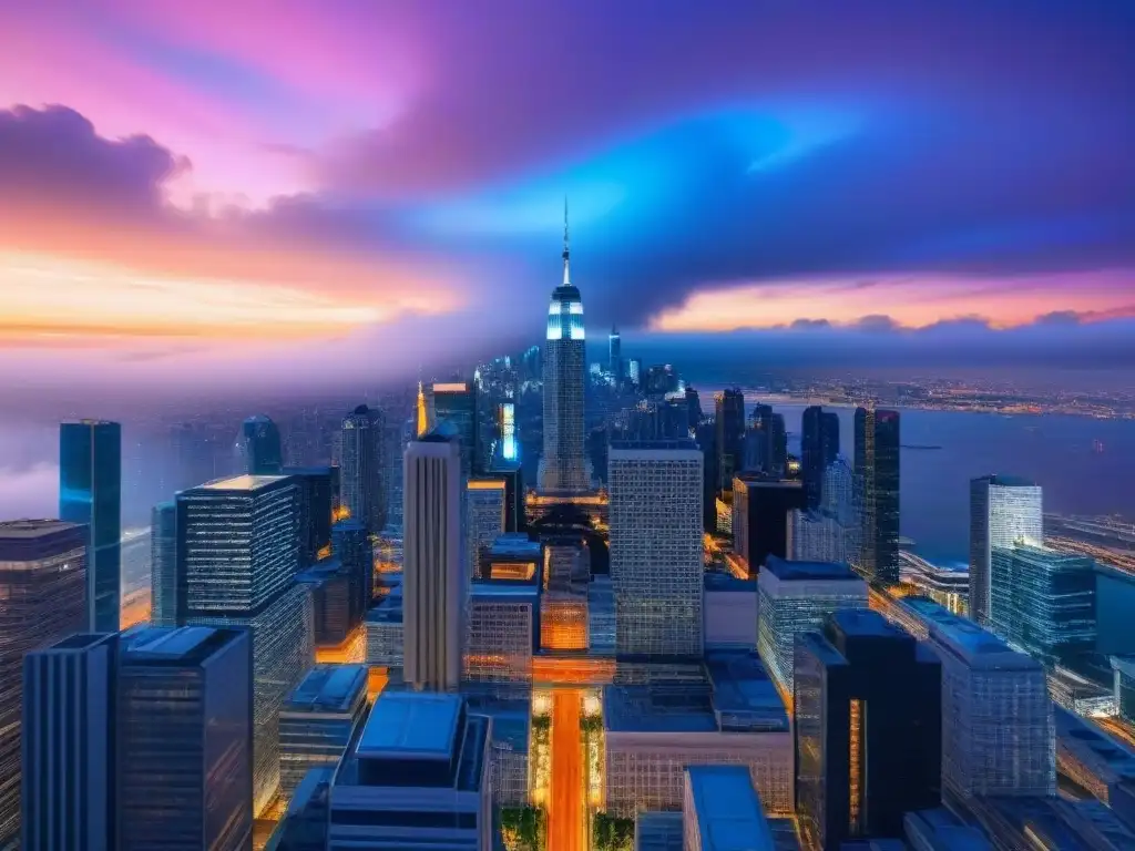 Metrópolis futurista: transparencia en transacciones inmobiliarias Futurista ciudad al anochecer, con rascacielos iluminados, transporte avanzado y transacciones inmobiliarias transparentes