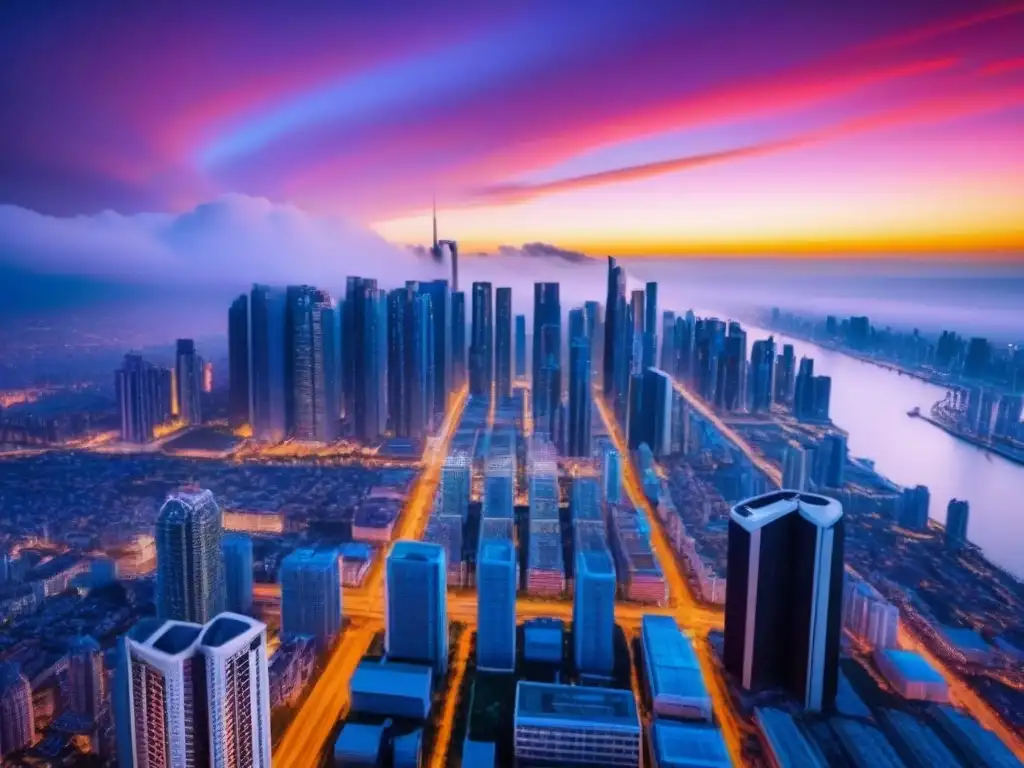 Horizonte futurista: rascacielos modernos en atardecer vibrante Futurista ciudad con rascacielos iluminados por luces LED, reflejando innovación en estrategias precios sector inmobiliario