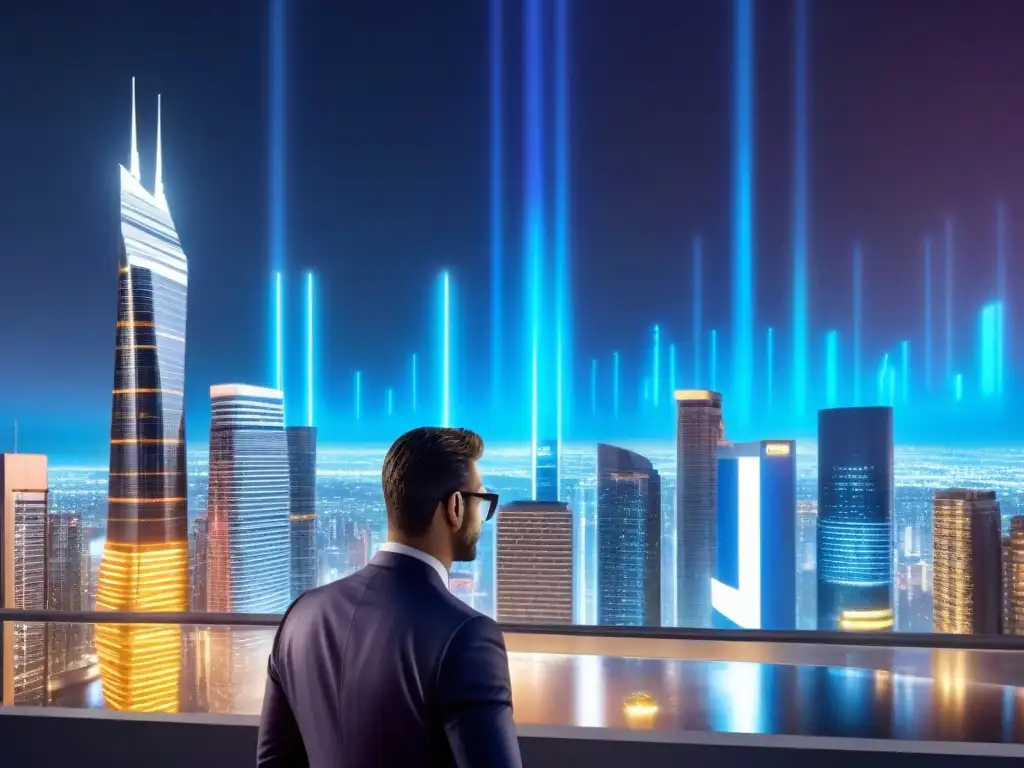 Metrópolis futurista: Profesionales debaten estrategias publicitarias Visión futurista de una ciudad con rascacielos iluminados y profesionales debatiendo estrategias de publicidad programática en el mercado inmobiliario