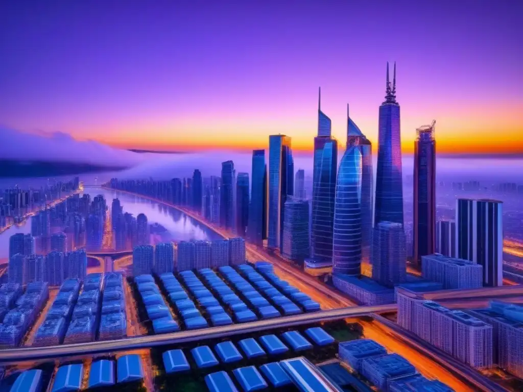 Metrópolis futurista al atardecer: regulaciones locales 2023 Futurista ciudad al anochecer, con rascacielos iluminados, autos voladores y carteles holográficos de normativa local cambios 2023