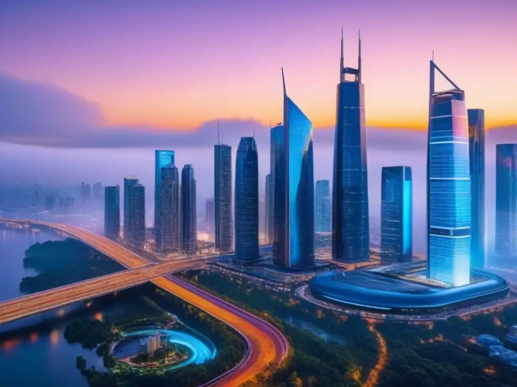 Metrópolis futurista: avance tecnológico en real estate Futurista ciudad al anochecer con rascacielos iluminados y tecnología avanzada, reflejando el financiamiento inmobiliario con Proptech