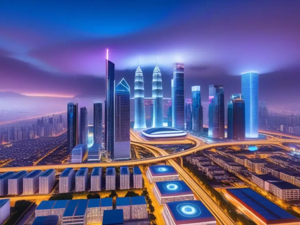 Metrópolis futurista: skyline 8k con luces neón y drones Futurista ciudad con rascacielos iluminados por luces de neón, reflejando tecnología y sofisticación urbana