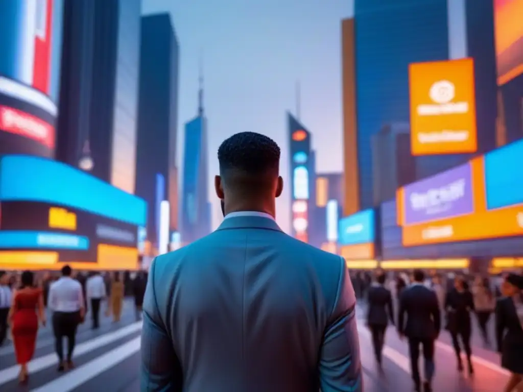 Futurista ciudad al anochecer con rascacielos iluminados y profesionales de traje, reflejando tendencias financiamiento inmobiliario futuro