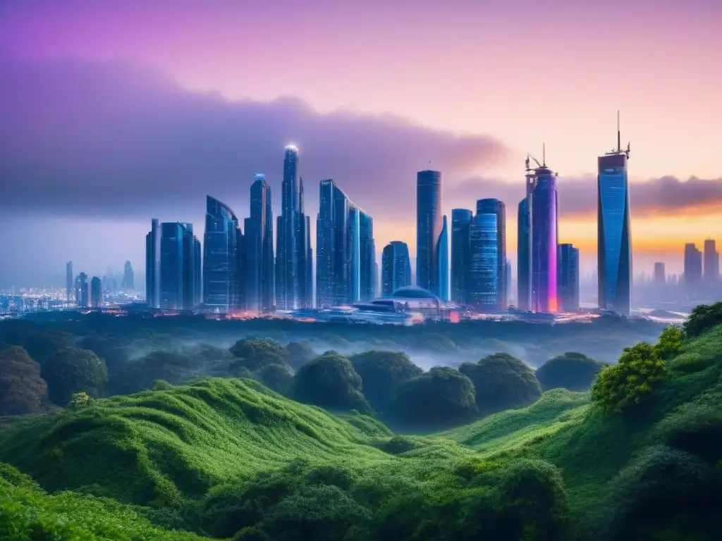 Horizonte futurista: Ciudad en 8k con rascacielos innovadores y luces neón Futurista ciudad al anochecer, con rascacielos innovadores iluminados por luces neón, rodeados de vegetación exuberante