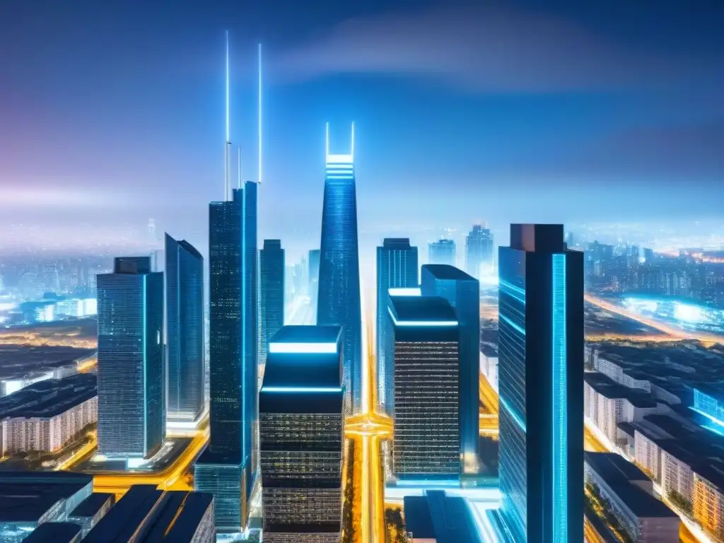 Metrópolis futurista: blockchain revoluciona la industria inmobiliaria Futurista ciudad con rascacielos integrados con tecnología blockchain en financiamiento inmobiliario