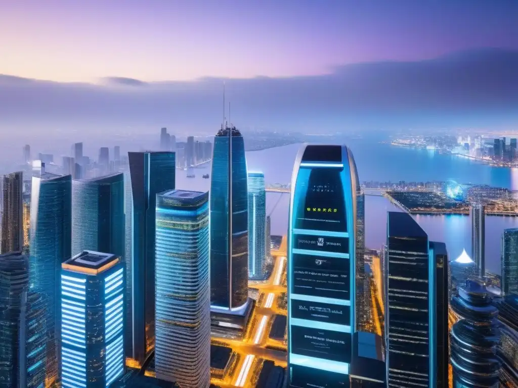 Metrópolis Futurista: Integración de Fintech en la Arquitectura Futurista ciudad con rascacielos integrados con tecnología financiera avanzada