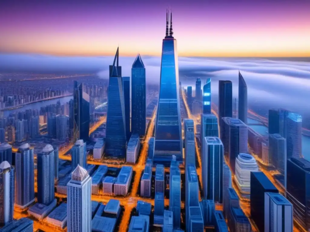 Metrópolis futurista con tecnología avanzada y proyecciones holográficas Futurista ciudad con rascacielos integrados con tecnología avanzada y proyecciones holográficas mostrando la predicción mercado bienes raíces