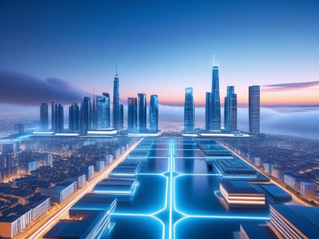 Visión futurista de una ciudad con rascacielos integrados con tecnología y redes blockchain