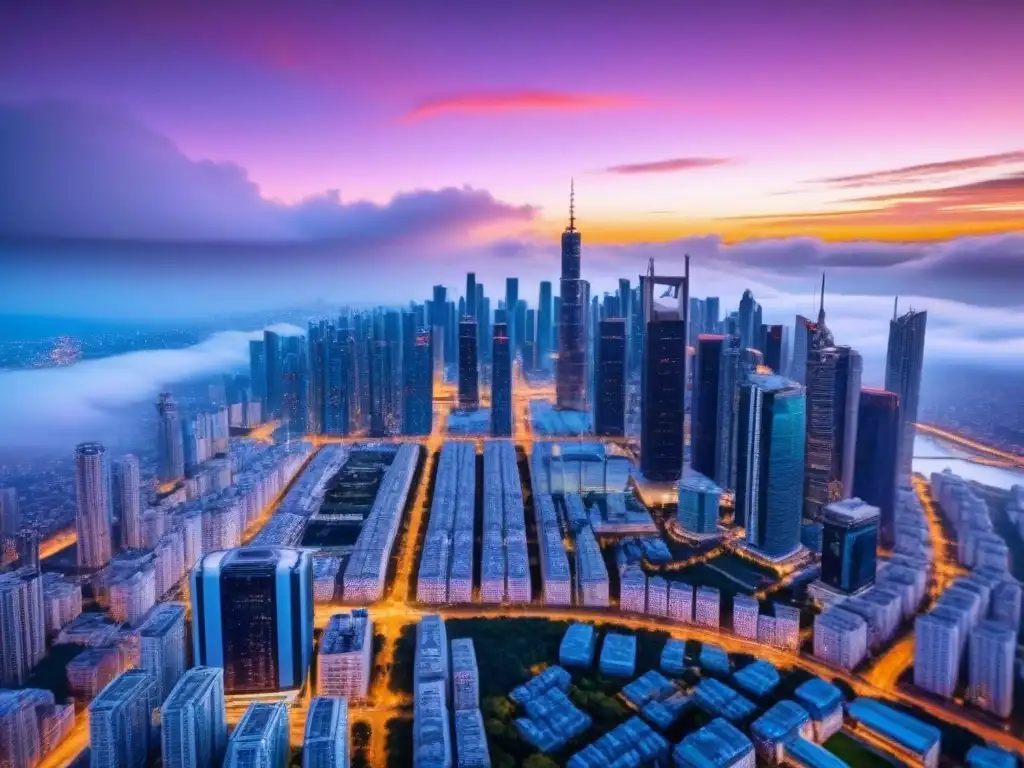 Metrópolis futurista con inteligencia artificial en el atardecer Futurista ciudad con rascacielos inteligentes