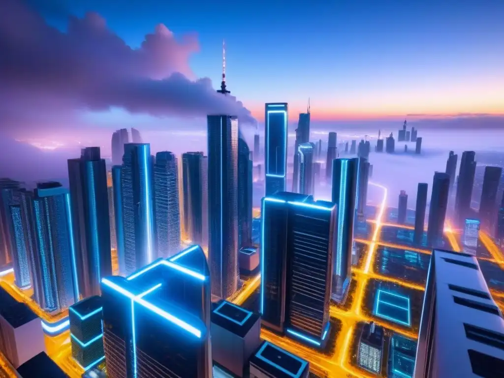Metrópolis futurista: rascacielos blockchain en 8k Futurista ciudad con rascacielos interconectados y patrones de blockchain, bañados en luz neón