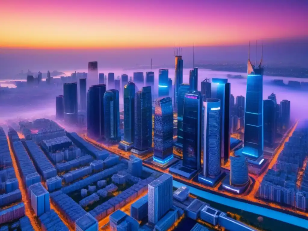 Cityscape futurista: protección de datos en la era digital Futurista ciudad con rascacielos y leyes Protección Datos Transacciones Inmobiliarias