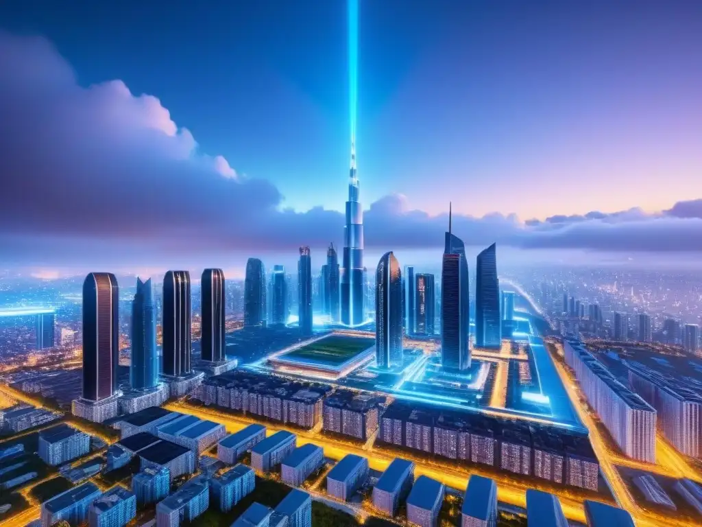 Futurista ciudad con rascacielos modernos y líneas digitales brillantes, resaltando la Inversión Inmobiliaria con Blockchain