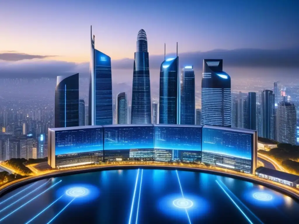 Horizonte futurista: el impacto de Fintech en bienes raíces Futurista ciudad con rascacielos modernos iluminados en azul, muestra seguridad en transacciones inmobiliarias Fintech