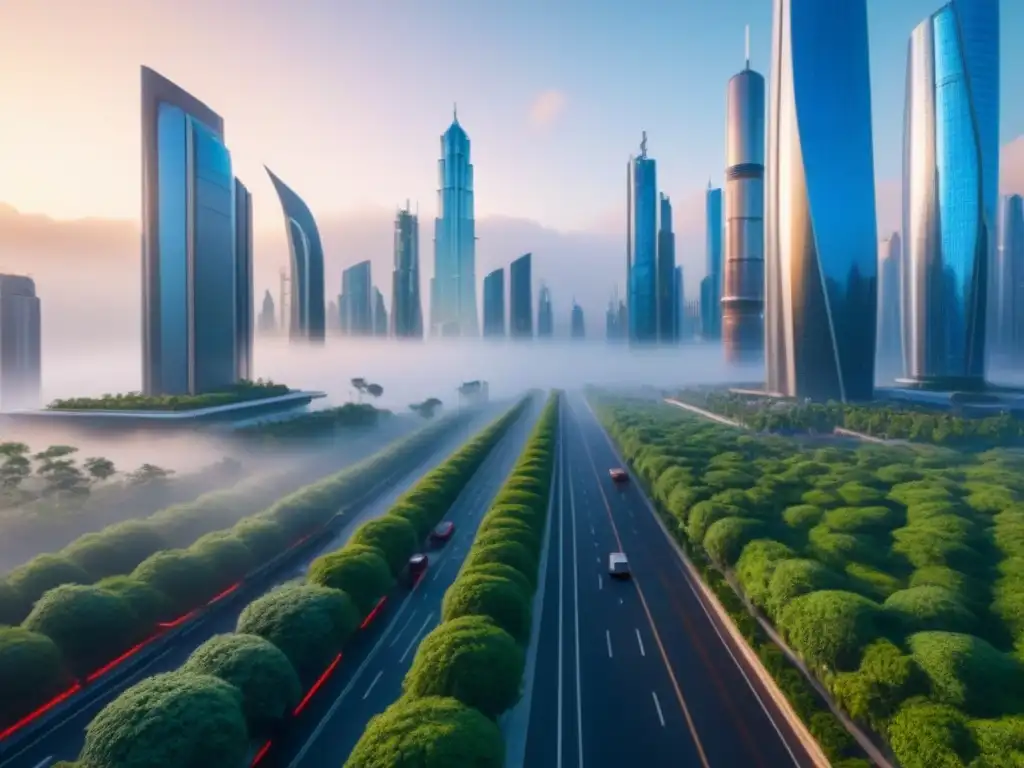 Metrópolis futurista: IA, sostenibilidad y tecnología avanzada en 8k Futurista ciudad con rascacielos y naturaleza, reflejando tecnología avanzada y desarrollo urbano sostenible al atardecer