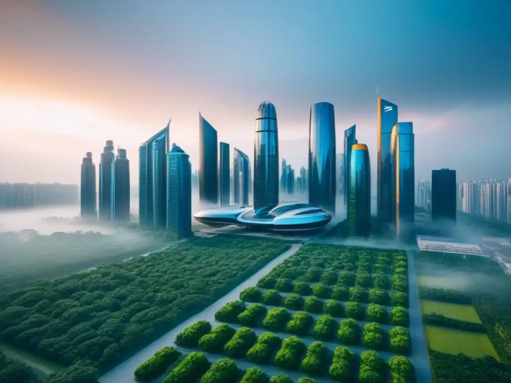 Metrópolis futurista: armonía entre tecnología y naturaleza Futurista ciudad con rascacielos y naturaleza en armonía, drones avanzados realizan tasaciones inmobiliarias con inteligencia artificial
