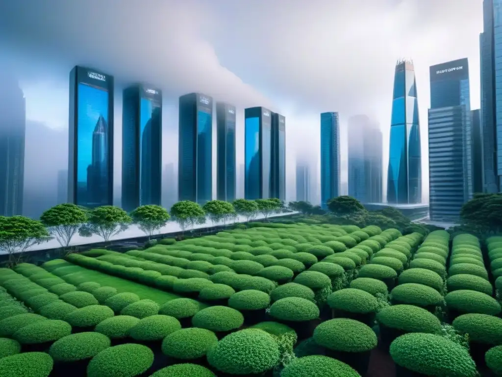 Metrópolis futurista: Big Data revoluciona el sector inmobiliario Futurista ciudad con rascacielos y pantallas digitales mostrando datos inmobiliarios, fusionando Big Data en finanzas inmobiliarias