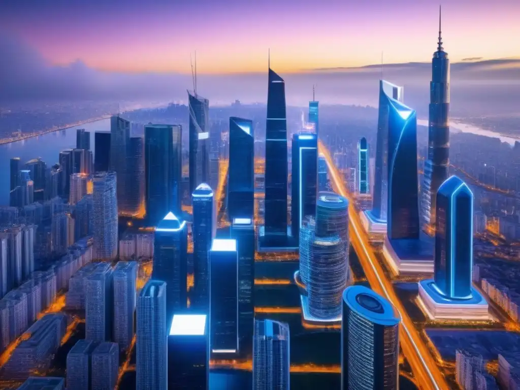 Metropolis blockchain: finanzas inmobiliarias del futuro Futurista ciudad blockchain con rascacielos, pantallas digitales y datos financieros en tiempo real