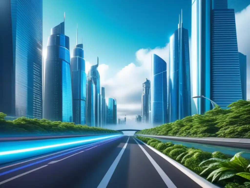 Metrópolis futurista: innovación en financiamiento inmobiliario Futurista ciudad con rascacielos y sistemas de transporte avanzados, fusionando naturaleza y tecnología en 'Préstamos interés solo tendencias'