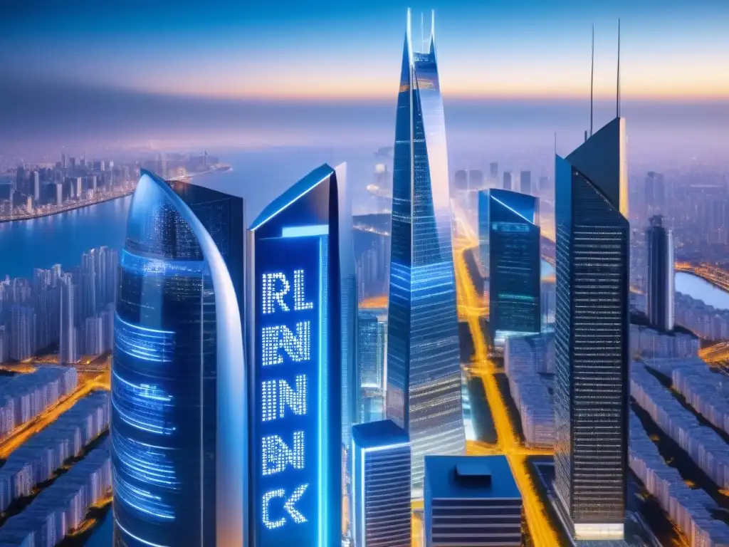 Metrópolis futurista con tecnología blockchain en Latinoamérica Futurista ciudad con rascacielos y tecnología blockchain en financiamiento inmobiliario América Latina
