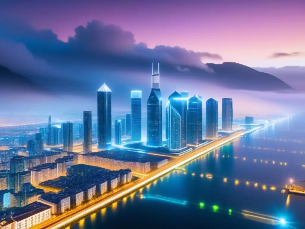 Metrópolis futurista: blockchain en el sector inmobiliario internacional Futurista ciudad con rascacielos y tecnología blockchain en inversión inmobiliaria
