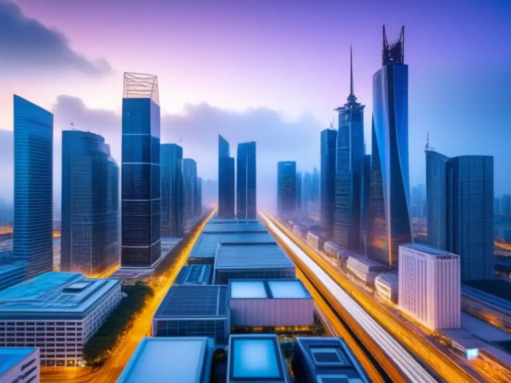 Innovación blockchain en la ciudad del futuro Futurista ciudad con rascacielos y tecnología blockchain en inversión inmobiliaria