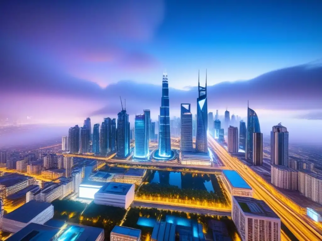 Metrópolis futurista: innovación inmobiliaria en acción Futurista ciudad con rascacielos y tecnología avanzada, reflejando adaptación a nuevas leyes inmobiliarias