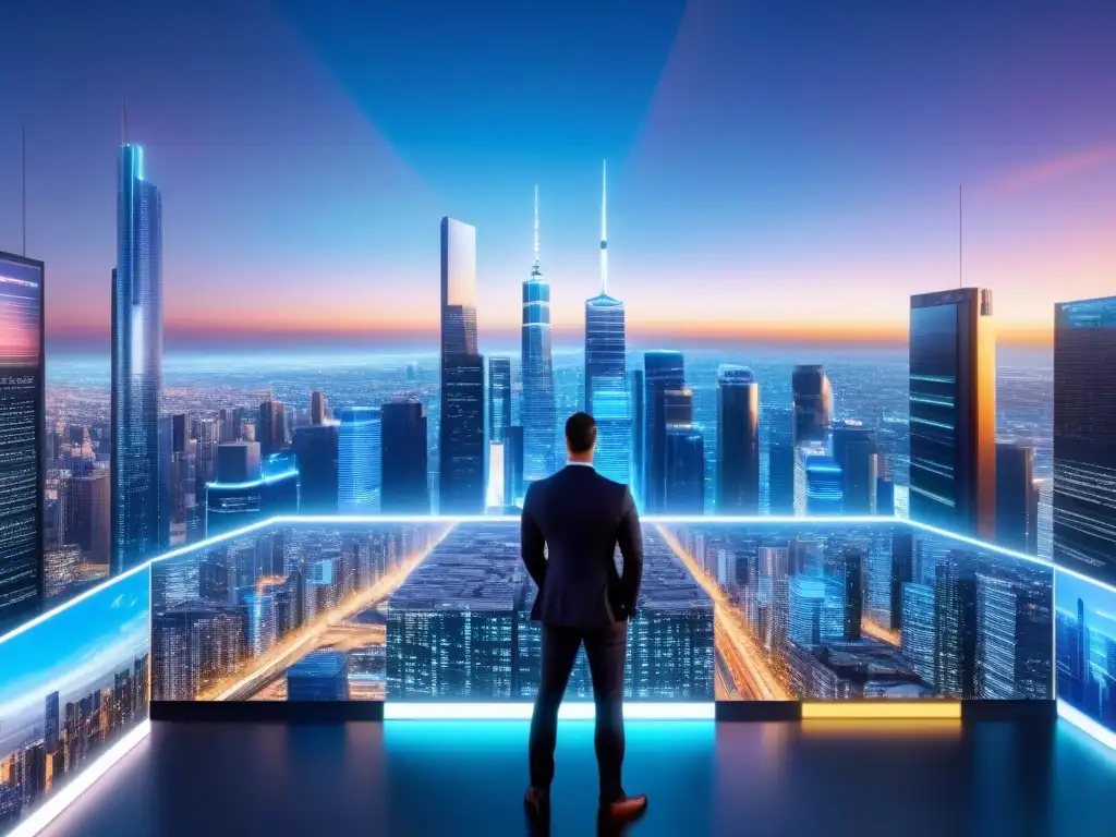 Innovación Proptech: Futurista ciudad con profesionales en acción Futurista ciudad con rascacielos y tecnología, profesionales discuten y realizan transacciones digitales