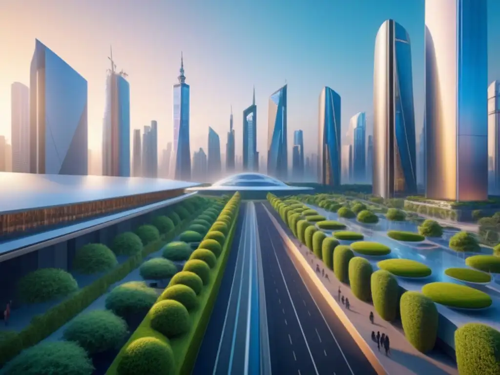Metrópolis futurista: innovación y naturaleza en armonía Futurista ciudad con rascacielos y tecnología AI, iluminada por el sol