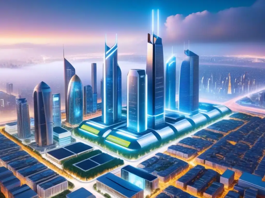 Futurismo urbano: ciudad tecnológica del mañana Futurista ciudad con rascacielos tecnológicos y transporte avanzado