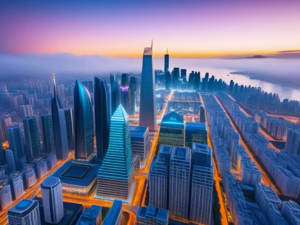 Transacciones inmobiliarias holográficas en ciudad futurista Futurista ciudad con rascacielos transparentes y transacciones seguras de títulos inmobiliarios mediante Tecnología Blockchain