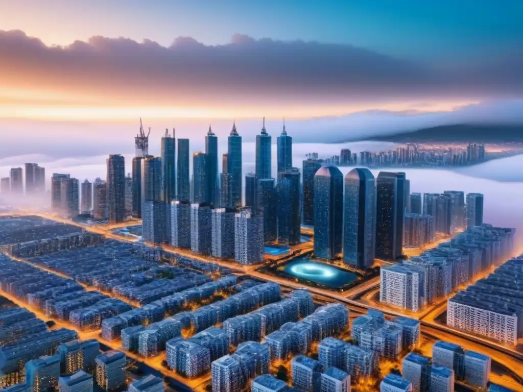 Cityscape blockchain: integración tecnológica en bienes raíces Futurista ciudad con rascacielos transparentes y redes blockchain, simbolizando la integración de tecnología blockchain en el sector inmobiliario