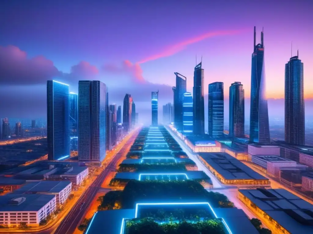 Metrópolis futurista: luces vibrantes y tecnología de vanguardia Futurista ciudad al anochecer con rascacielos, transporte avanzado y luces de neón, reflejando el mercado inmobiliario y Préstamos FHA