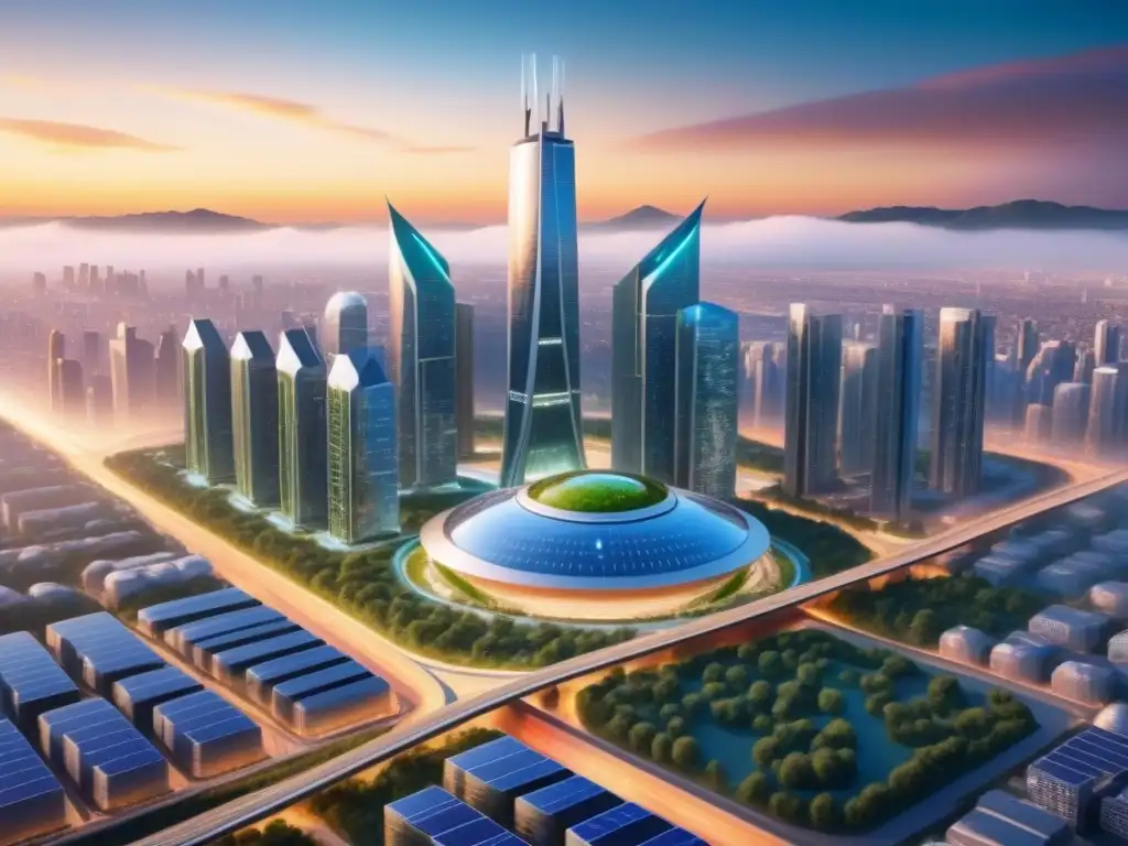 Metrópolis futurista sostenible al atardecer en 8k Futurista ciudad con rascacielos verdes y tecnológicos al atardecer