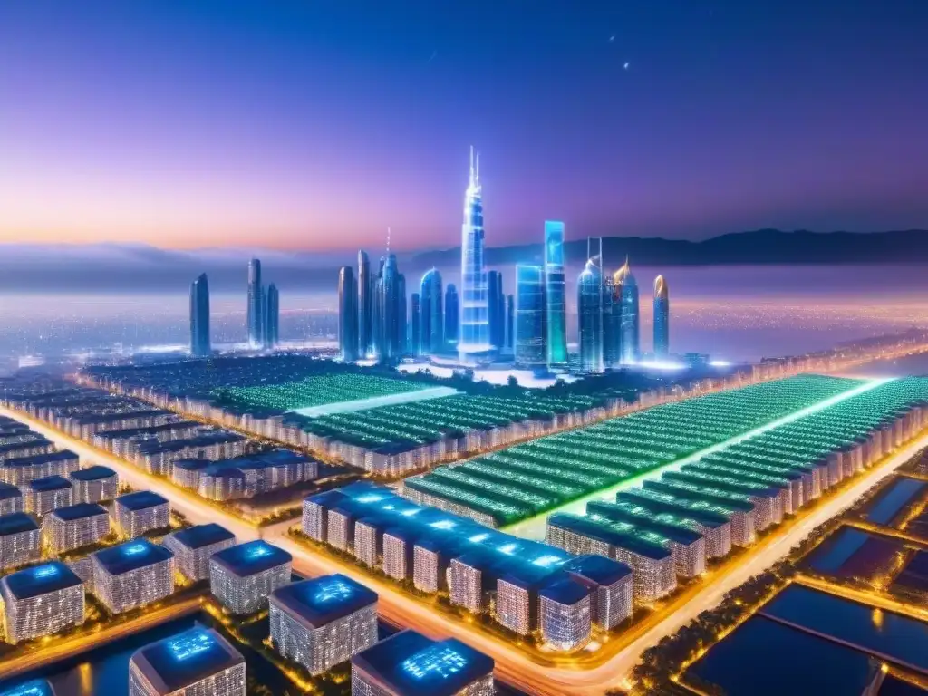 Metrópolis futurista: Proptech revoluciona el skyline Futurista ciudad con rascacielos de vidrio y acero, iluminados por luces de neón en el cielo estrellado