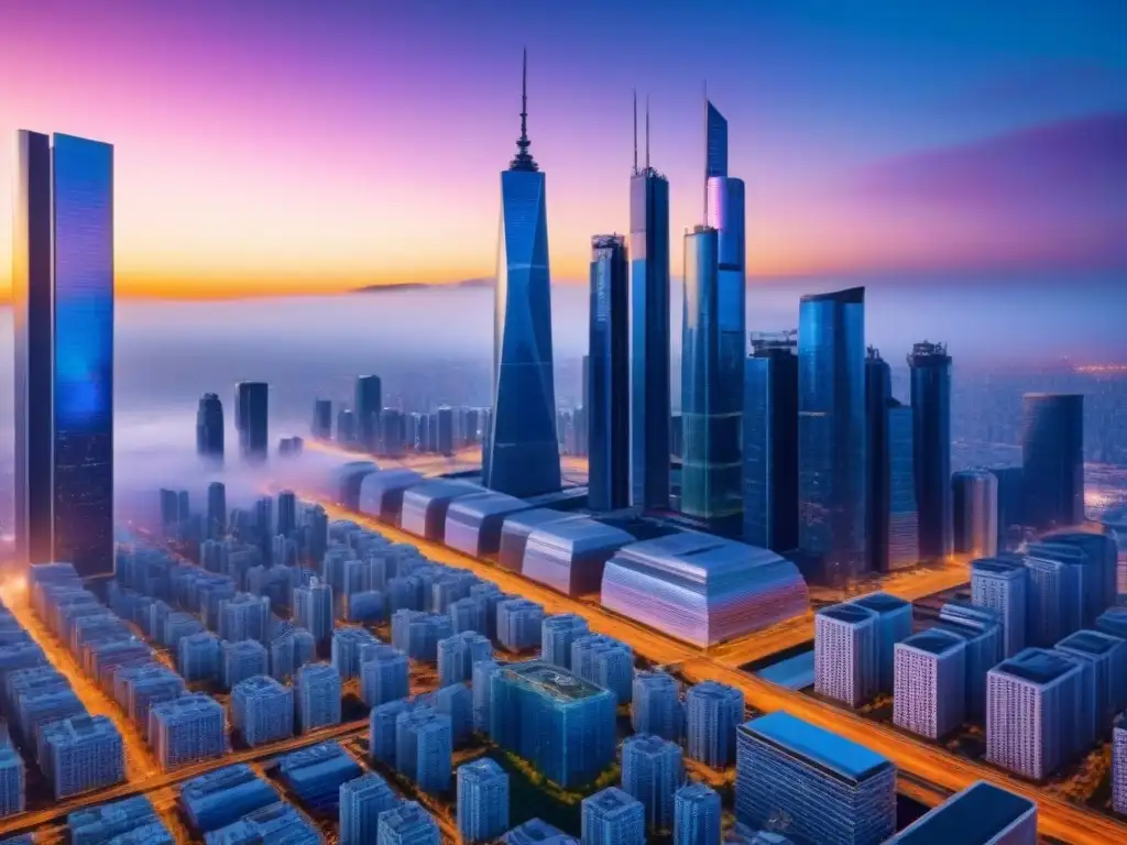 Futurista ciudad con rascacielos de vidrio y acero reflejando un atardecer digital