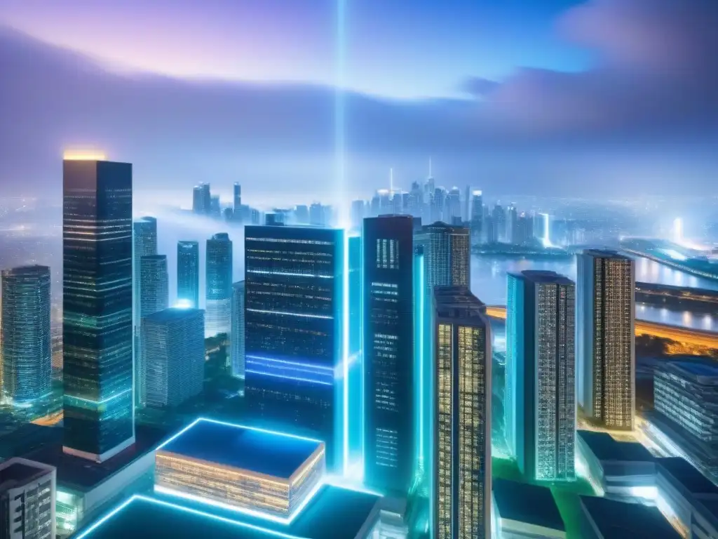 Metrópolis futurista: protección de datos en bienes raíces Futurista ciudad con seguridad de datos en inmobiliarias