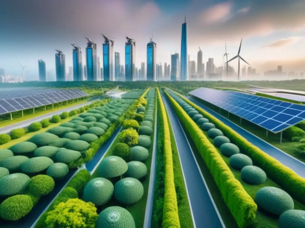 Metrópolis sostenible: ciudad futurista con jardines en rascacielos Futurista ciudad sostenible con rascacielos verdes y energía renovable, reflejando financiamiento inmobiliario desarrollo sostenible