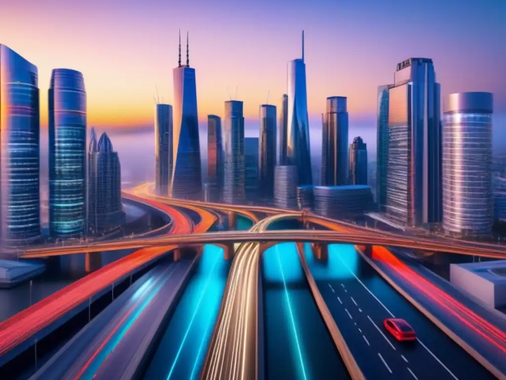 Futurismo urbano: IA transformando la ciudad Futurista ciudad con IA: Tasaciones inmobiliarias con inteligencia artificial en edificios de vidrio y puentes brillantes al atardecer
