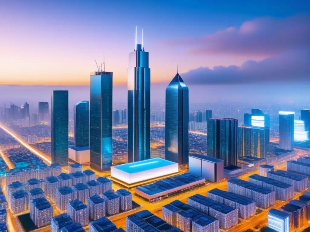 Futurismo urbano con tecnología blockchain Futurista ciudad con tecnología blockchain en edificios iluminados al atardecer