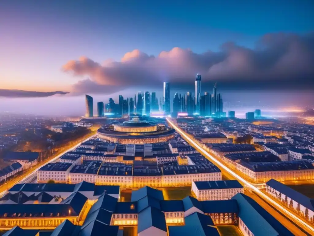 Metrópolis del Futuro: Blockchain Revolucionando la Propiedad Visión futurista de una ciudad con tecnología Blockchain en titulación propiedad