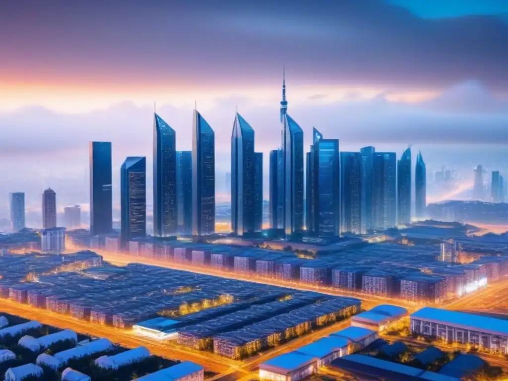 Skyline futurista con tecnología blockchain en la ciudad Futurista ciudad con tecnología Blockchain en inmuebles, transmitiendo seguridad y transparencia