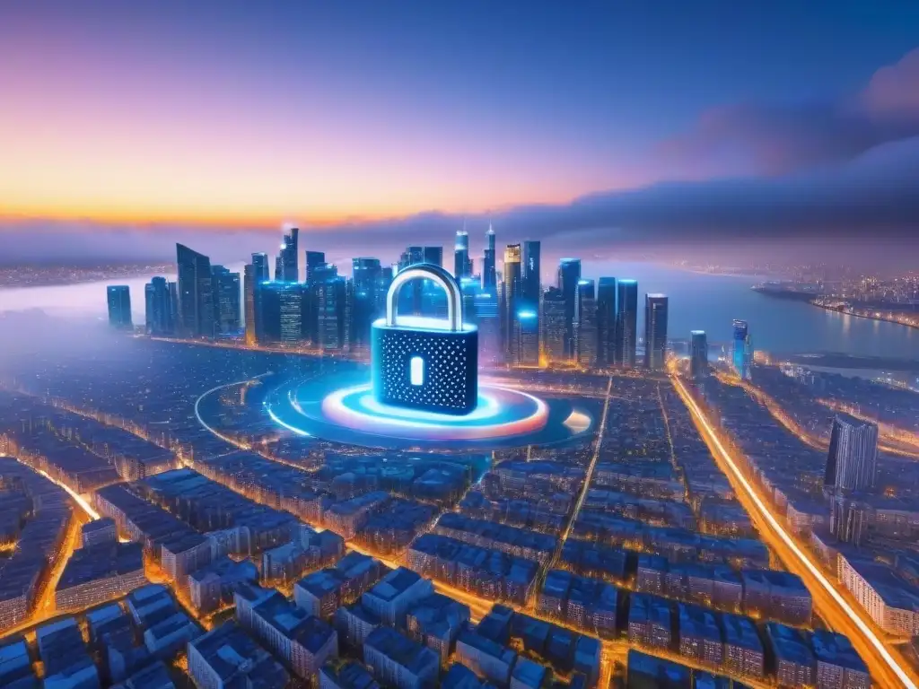 Seguridad API en Finanzas Inmobiliarias: Código Futurista en la Ciudad Futurista código de seguridad protege APIs en financiamiento inmobiliario