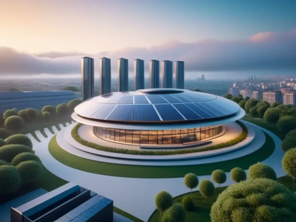 Edificio sostenible del futuro: diseño innovador en la ciudad Visión futurista de una construcción sostenible integrada al entorno urbano