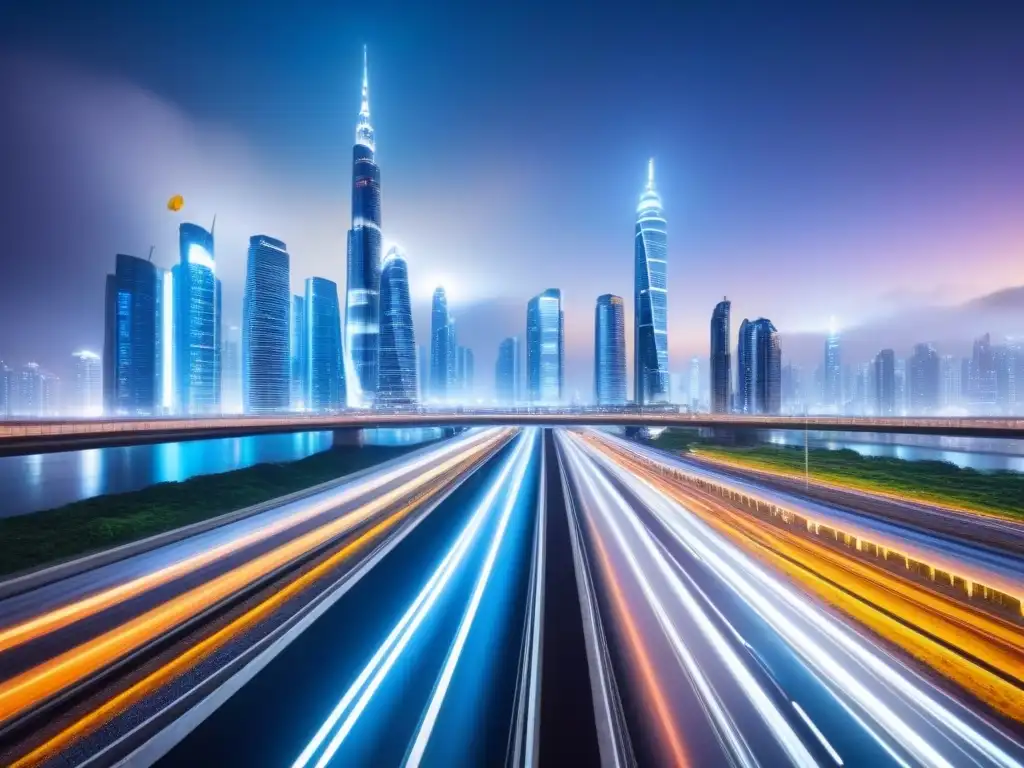 Metrópolis futurista: luces, innovación y tecnología Futurista desarrollo urbano ciudades inteligentes con rascacielos iluminados y transporte inteligente brillante en la noche estrellada
